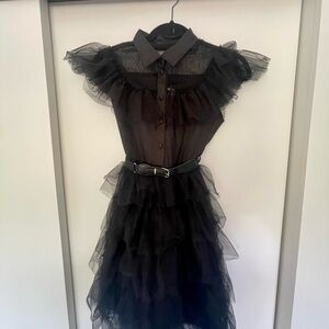 Kids Black Ruffled Sheer Dress with Belt